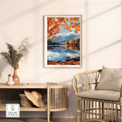Keswick Travel Print featuring autumn scenery of the Lake District with vibrant colors and tranquil reflections.
