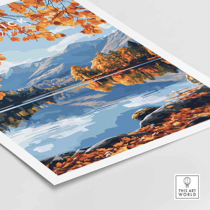 Keswick travel print showcasing vibrant autumn colors and tranquil lake scenery of the Lake District.