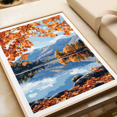 Keswick Travel Print showcasing stunning autumn scenery of Lake District with vibrant colors and serene reflections.