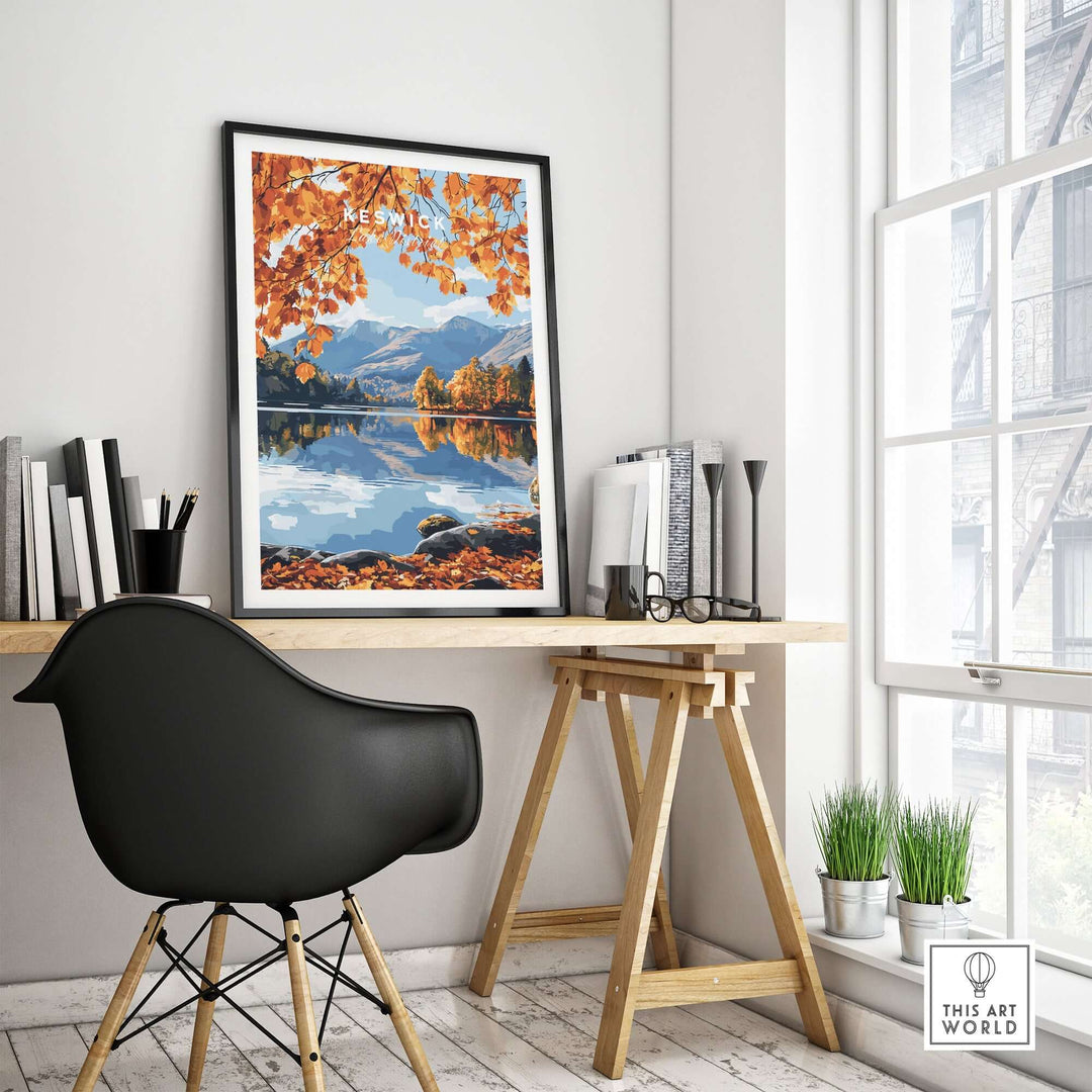 Keswick Travel Print showcasing vibrant autumn colors in a serene Lake District setting. Perfect for nature lovers.