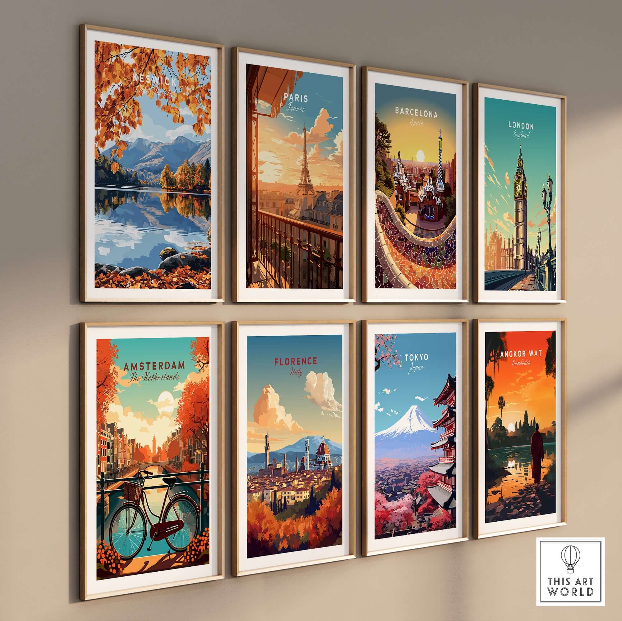 Keswick Travel Print and other travel posters showcasing famous landmarks in vibrant colors.