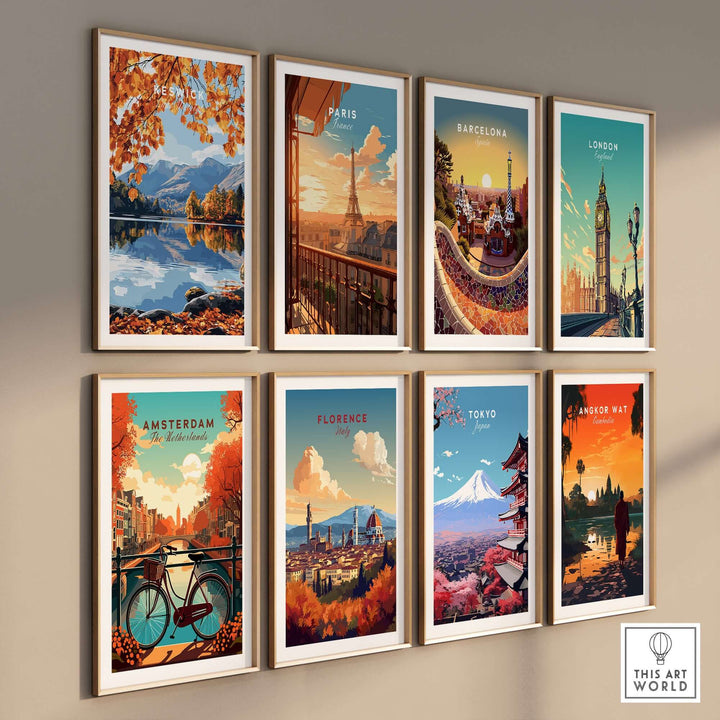 Gallery of travel prints featuring iconic cities like Paris, Barcelona, and Tokyo, showcasing vibrant autumn scenes.