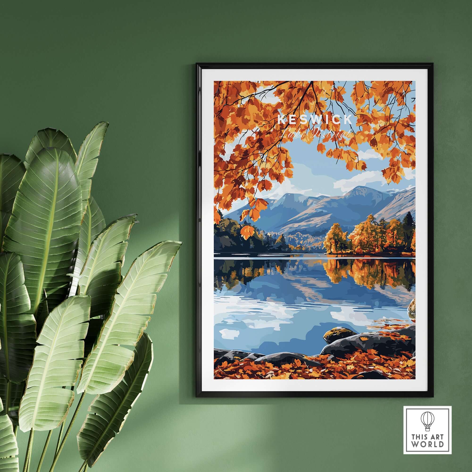 Keswick Travel Print showcasing vibrant autumn colors of Lake District with tranquil scenery and beautiful reflections.