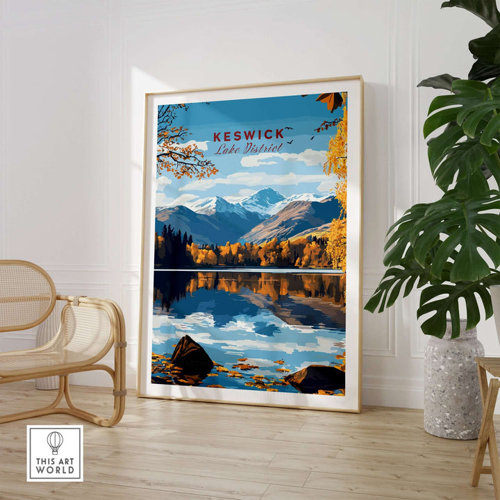 Keswick Wall Art featuring Lake District view, showcasing mountains and serene lake reflection in a stylish interior.