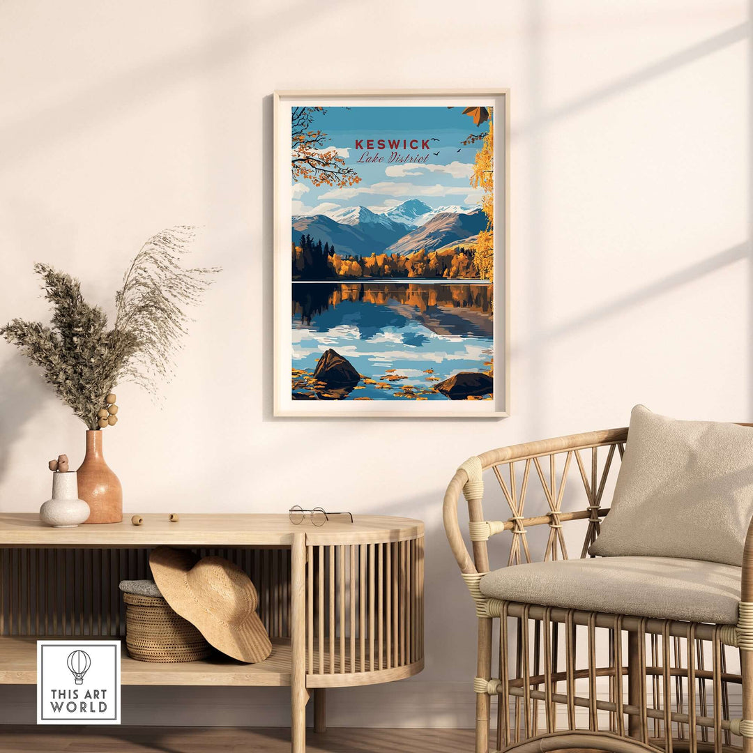 Keswick Wall Art featuring a beautiful Lake District landscape with mountains and reflections in a stylish interior setting.