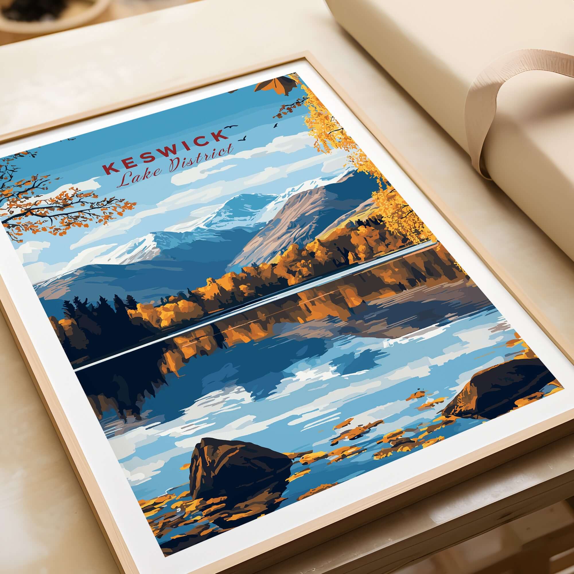 Keswick Wall Art featuring a scenic view of Lake District, showcasing its tranquil landscapes and autumn colors.