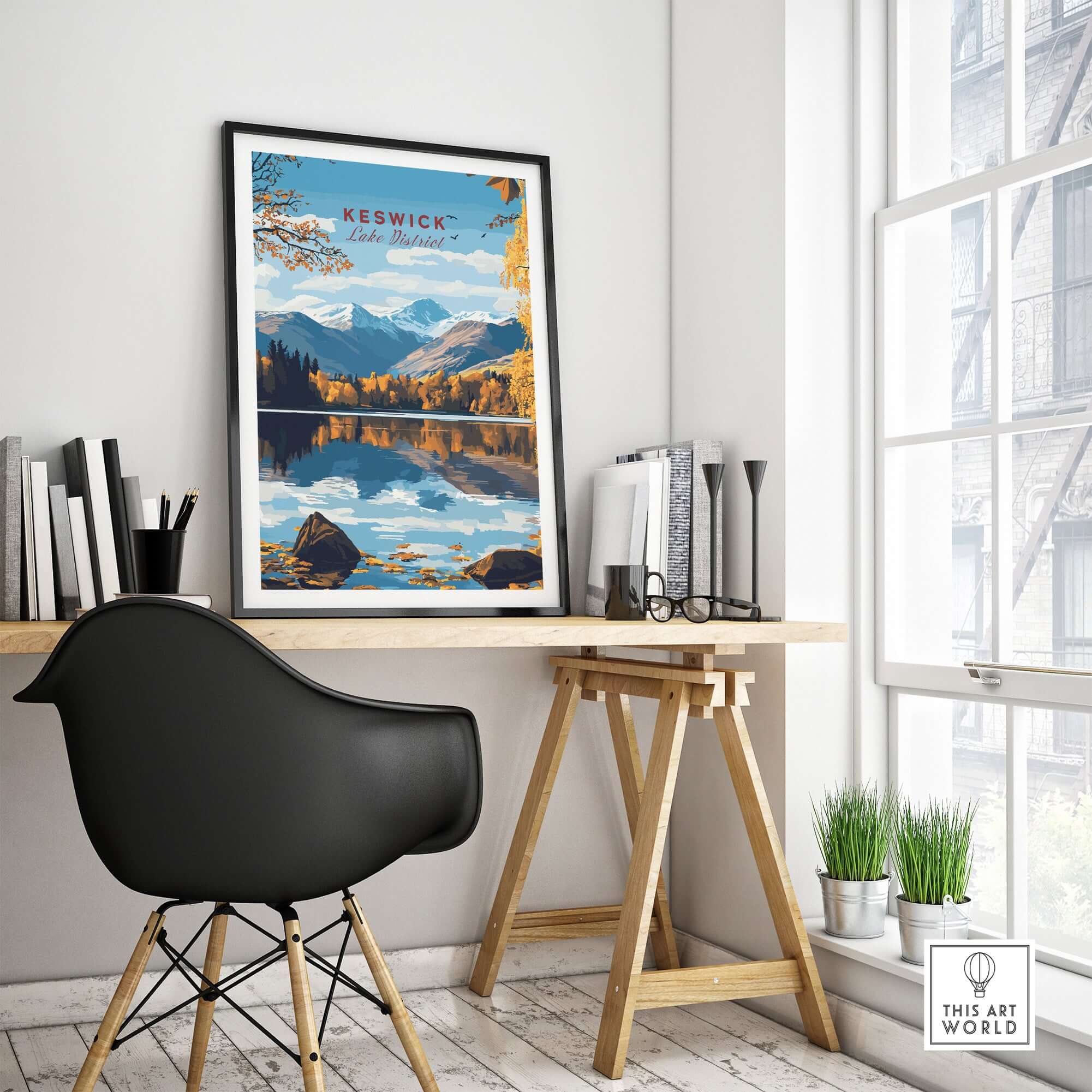 Keswick Wall Art displayed in a modern interior office setting, showcasing a Lake District landscape.