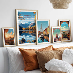 Keswick Wall Art collection displayed on a wall above a cozy couch with decorative pillows.
