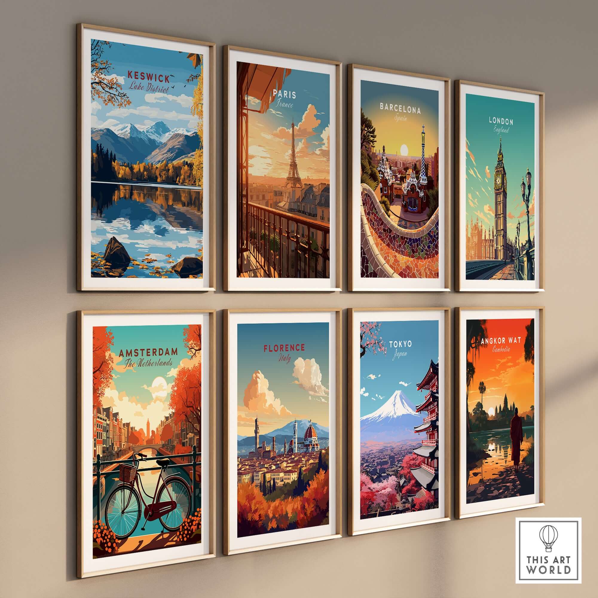 Keswick Wall Art featuring stunning landscape of Lake District among various city prints on a wall.