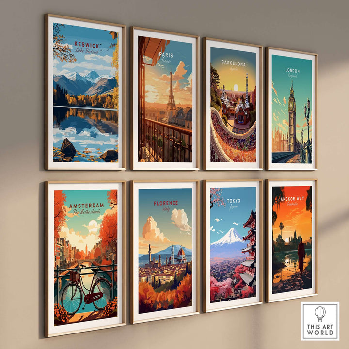 A stylish collection of wall art featuring Keswick, Paris, Barcelona, London, Amsterdam, Florence, Tokyo, and Angkor Wat.