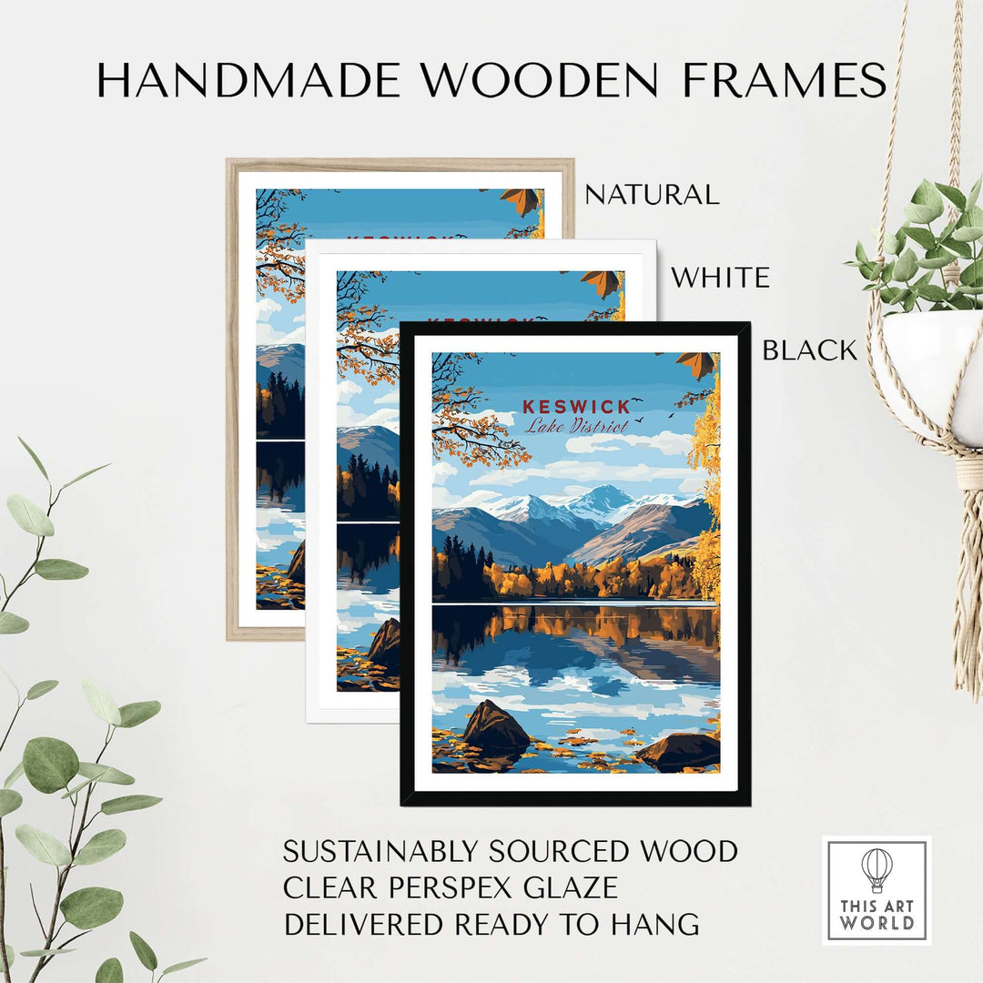 Handmade wooden frames in natural, white, and black for Keswick wall art, showcasing sustainable materials and clear Perspex glaze.