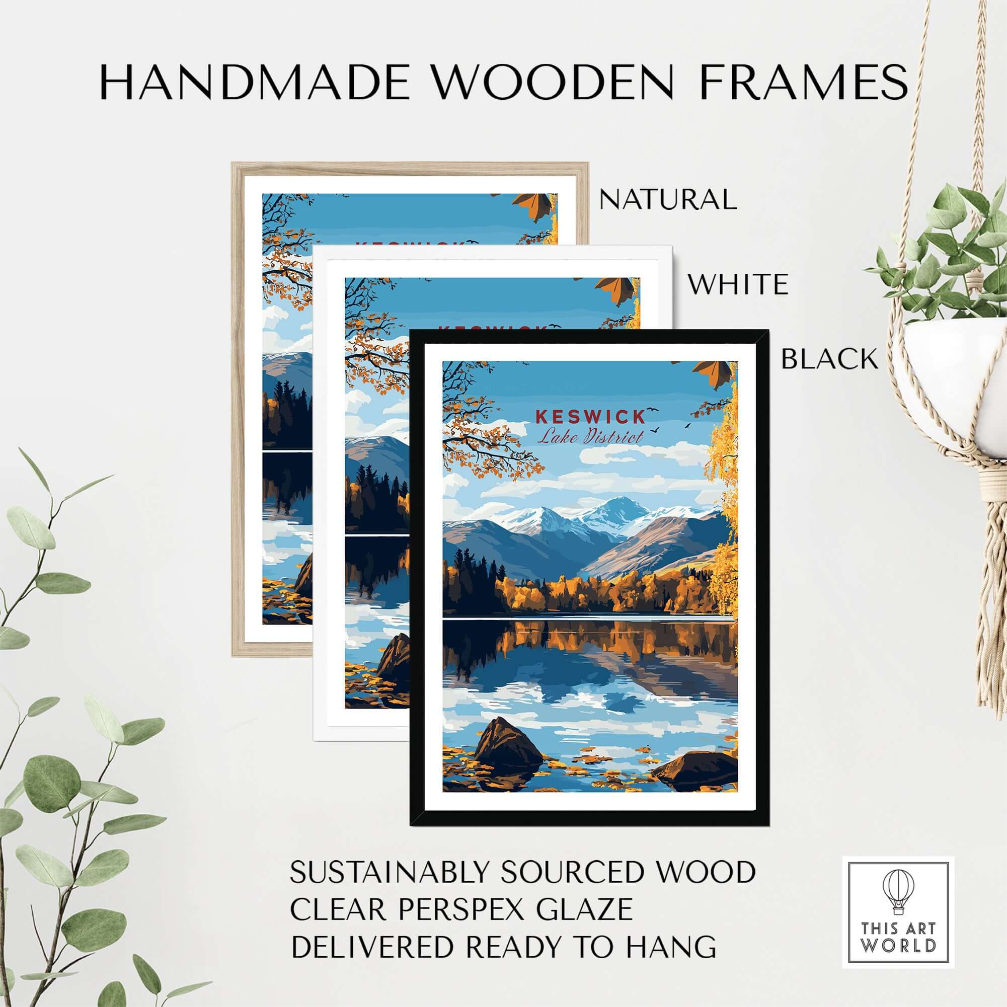 Keswick Wall Art displayed in handmade wooden frames, natural, white, and black, with a breathtaking Lake District view.