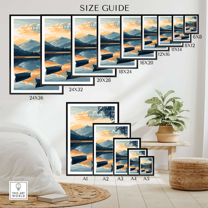 Size guide for Keswick Wall Art Poster showcasing various frame sizes in a beautifully decorated room.