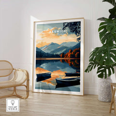 Keswick Wall Art Poster featuring a serene Lake District landscape with boats reflecting on the water.