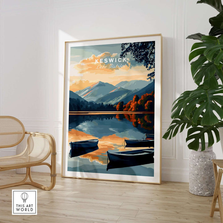 Keswick Wall Art Poster featuring tranquil Lake District scenery with mountains and boats, enhancing home decor.