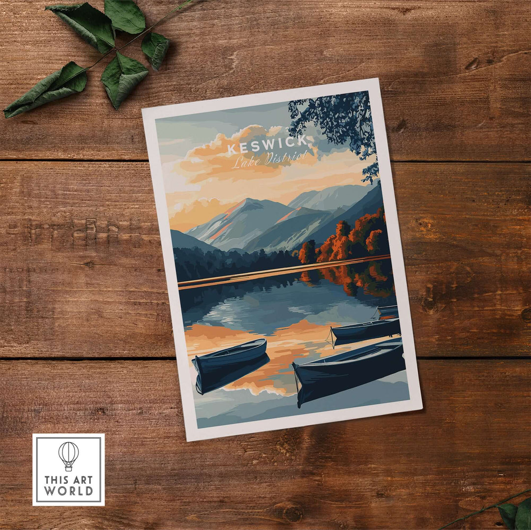 Keswick wall art poster featuring Lake District scenery with mountains and boats on tranquil waters, perfect for home decor.