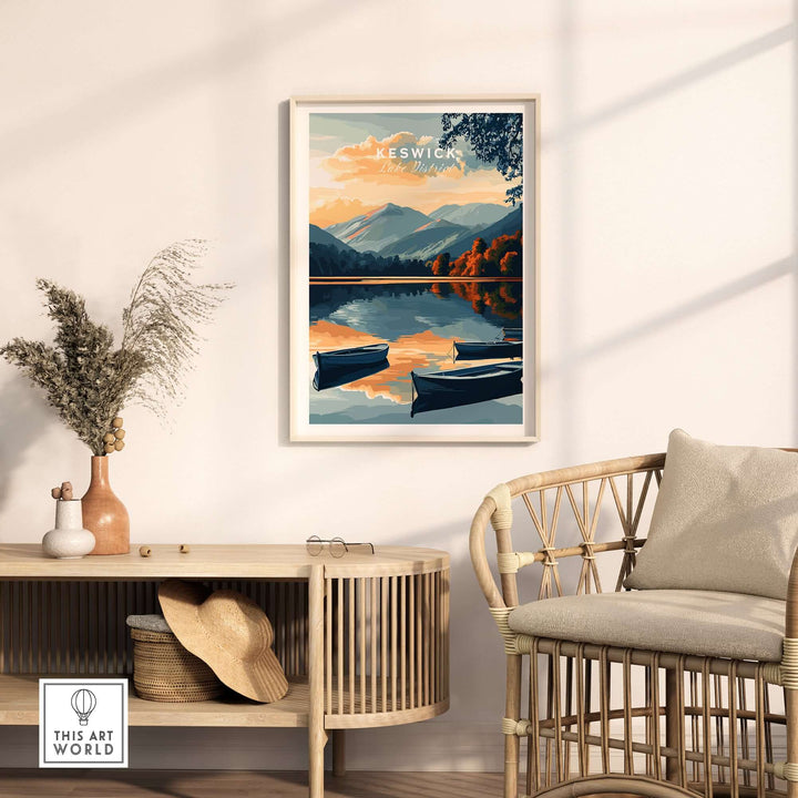 Keswick Wall Art Poster showcasing tranquil Lake District scenery in a stylish home interior setting.