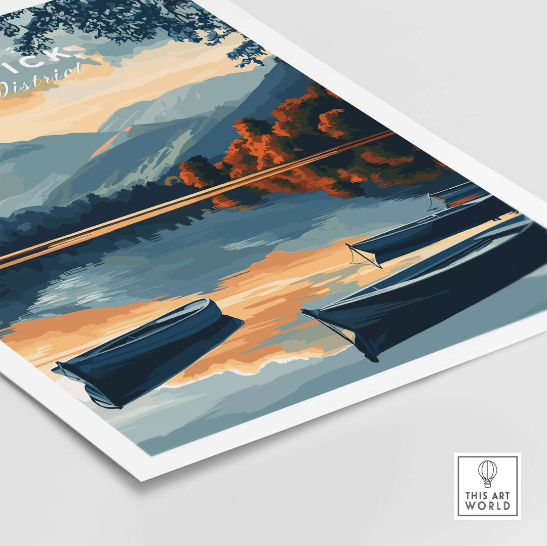 Keswick Wall Art Poster showcasing boats on a serene lake in the Lake District, creating a tranquil atmosphere for home decor.