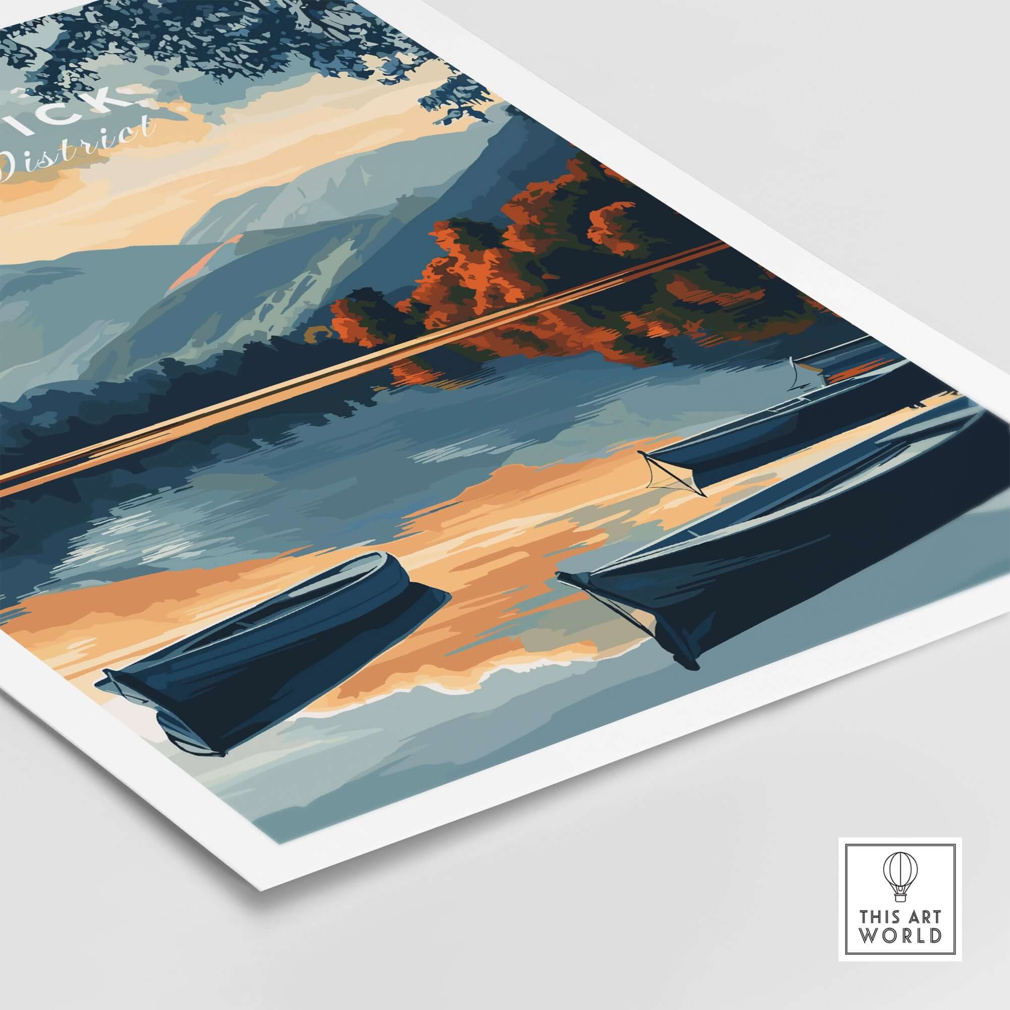 Keswick Wall Art Poster showing serene Lake District with boats, perfect for home decor and nature lovers.