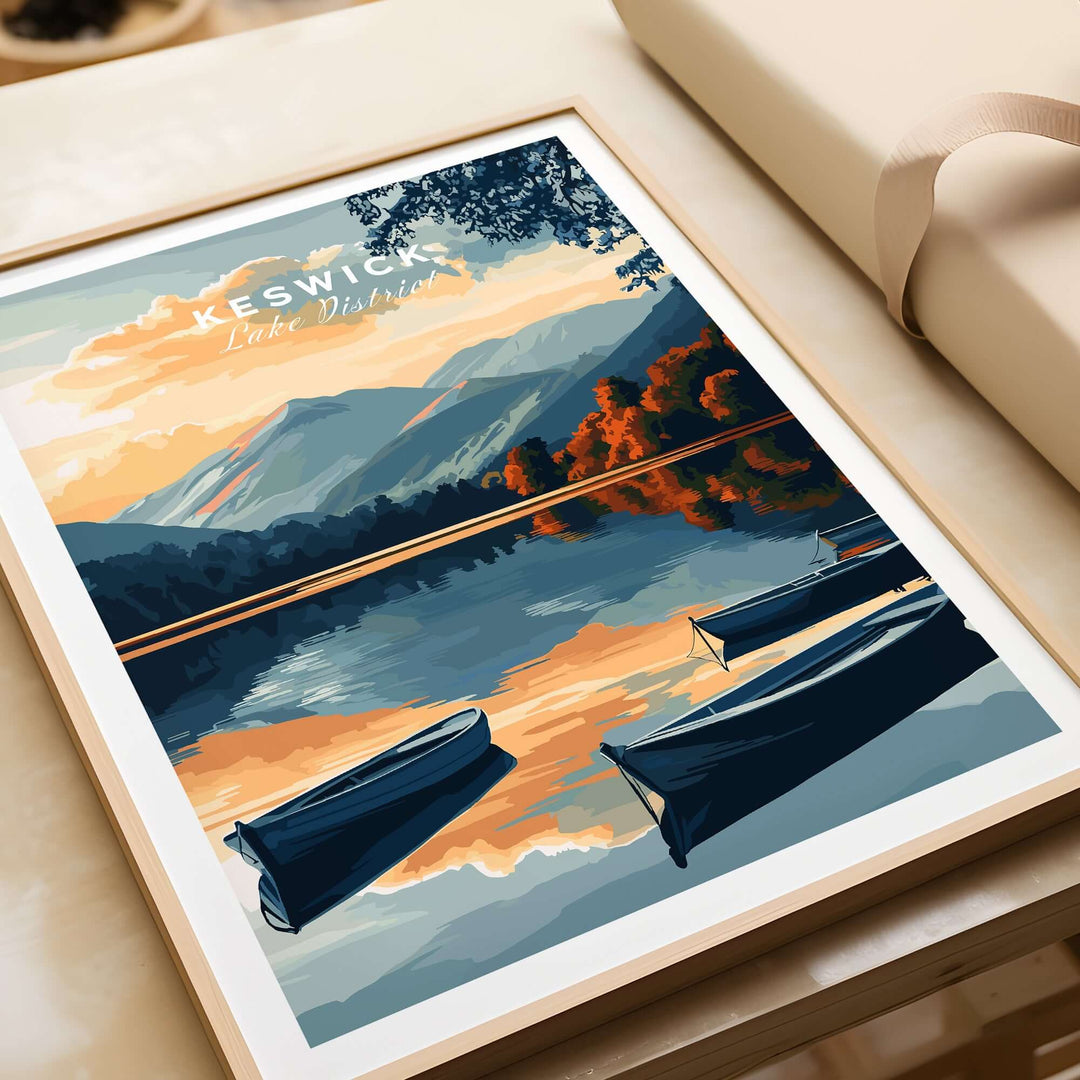 Keswick Wall Art Poster showcasing tranquil Lake District scenery with boats and mountains in serene colors.