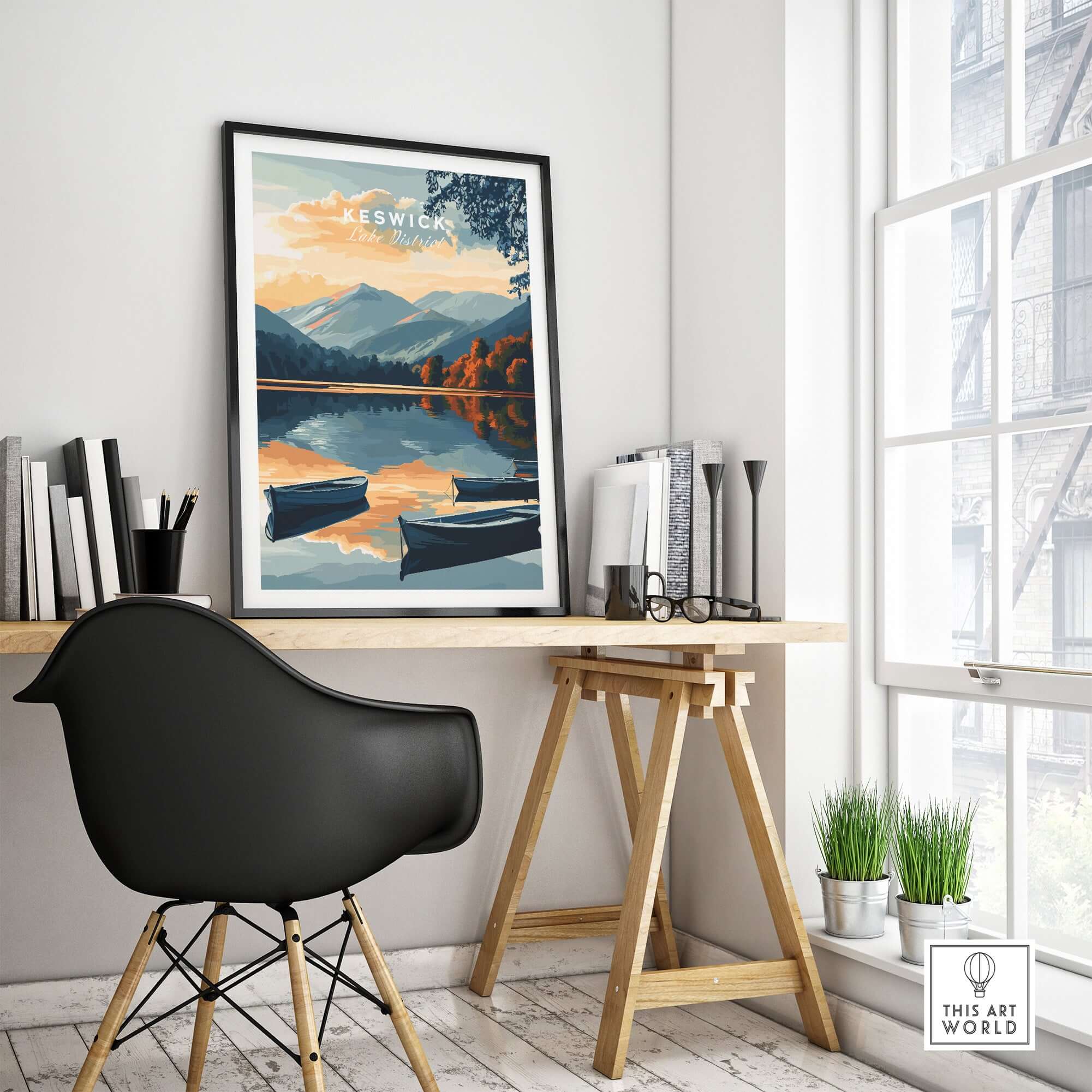 Keswick Wall Art Poster displayed on a desk, showcasing serene Lake District landscape and tranquil home decor.