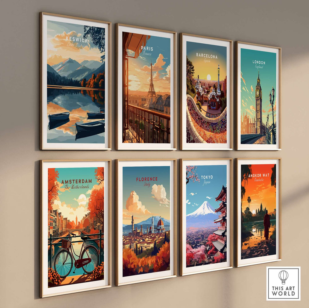 Collection of vibrant city wall art posters including Keswick, Paris, Barcelona, and more, showcasing beautiful landscapes.