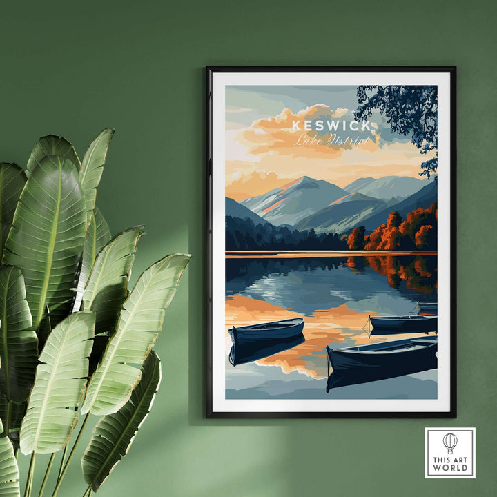 Keswick Wall Art Poster featuring a serene Lake District landscape with boats and mountains in a vibrant sunset.