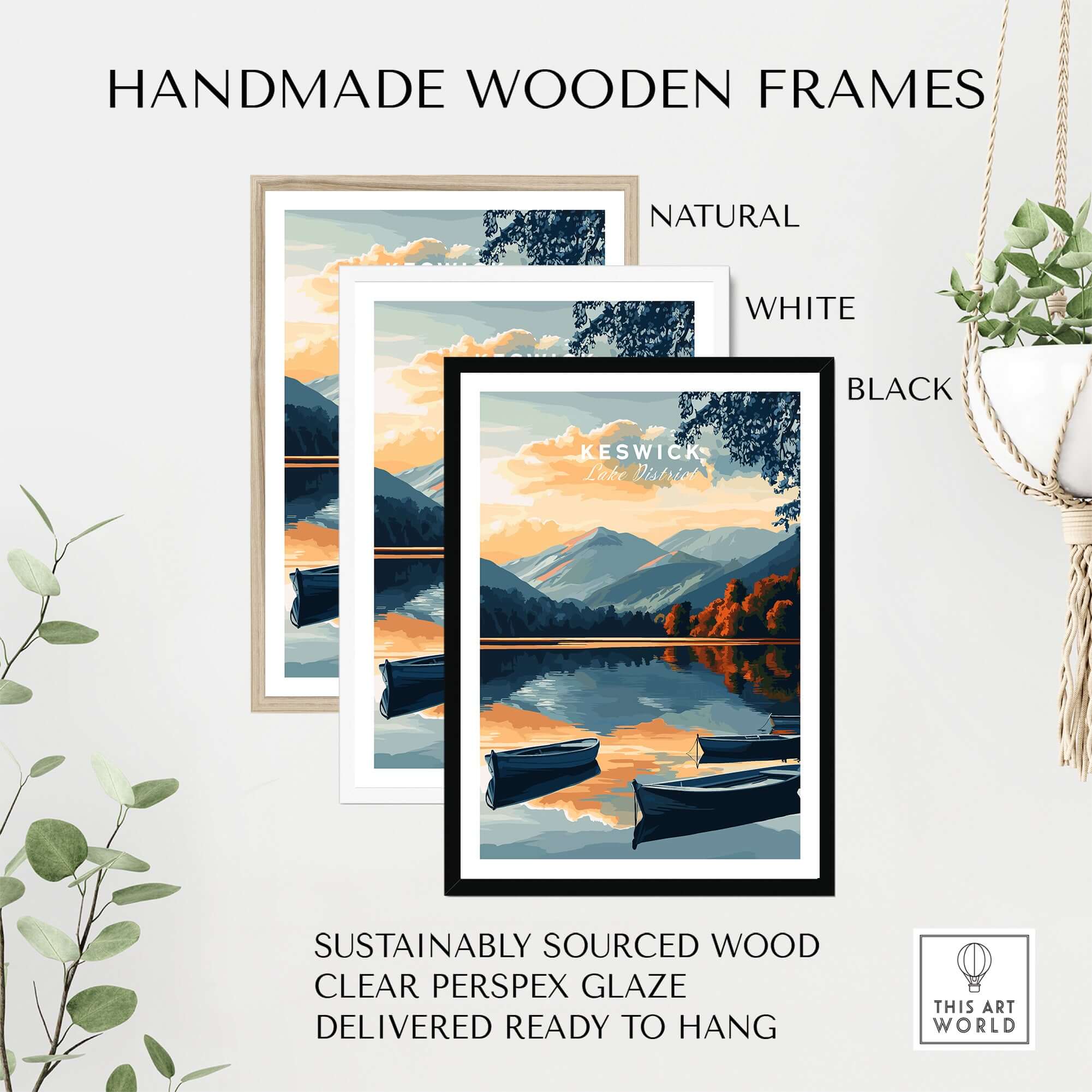 Keswick Wall Art Poster displayed in handmade wooden frames in natural, white, and black colors.