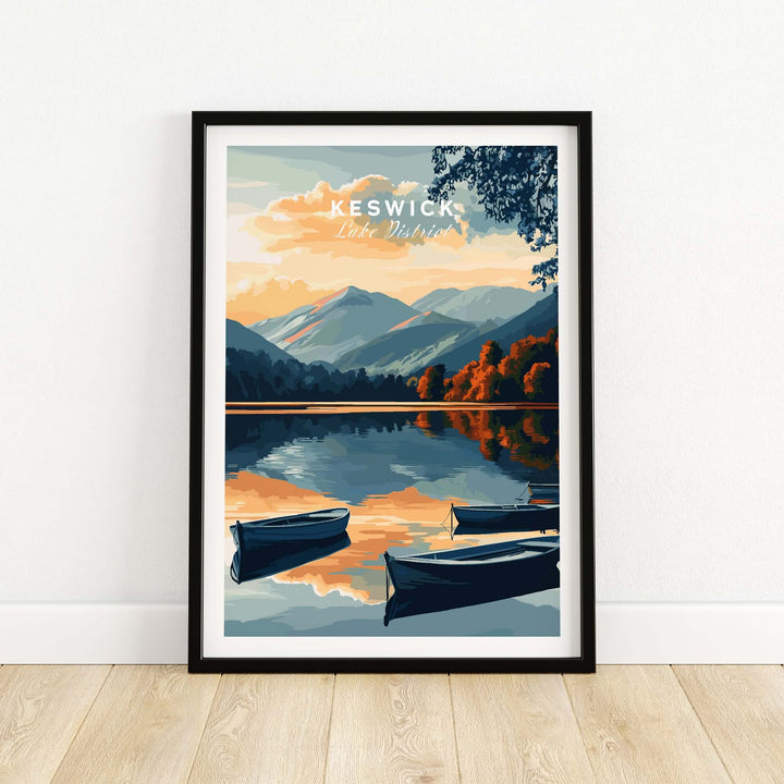 Keswick Wall Art Poster featuring boats on tranquil Lake District at sunset, enhancing home decor with nature's beauty.