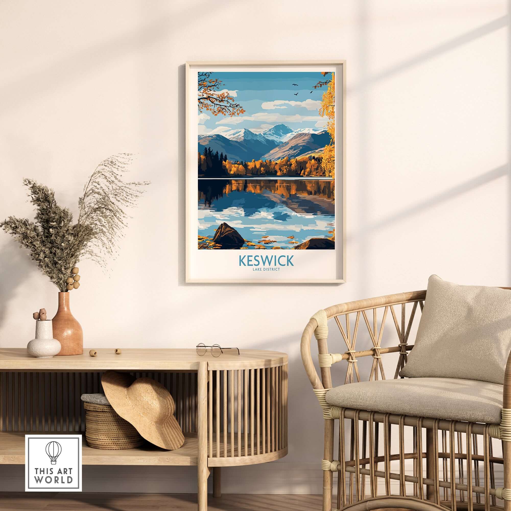 Keswick Wall Art Print displays stunning Lake District scenery with autumn colors and serene lake reflection.