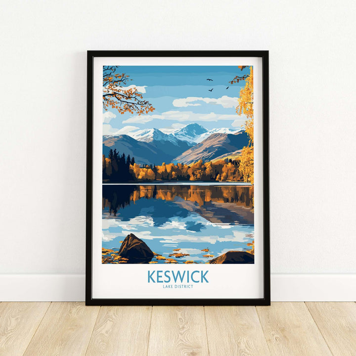 Keswick wall art print showcasing the serene Lake District with mountains, autumn foliage, and still waters.