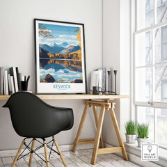 Keswick Wall Art Print displayed in a modern workspace, showcasing stunning Lake District landscape.