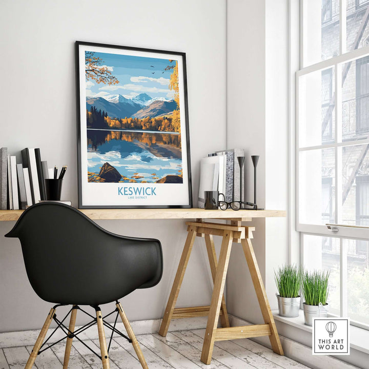 Keswick wall art print showcasing Lake District beauty, framed in a modern workspace, adding serenity to home decor.