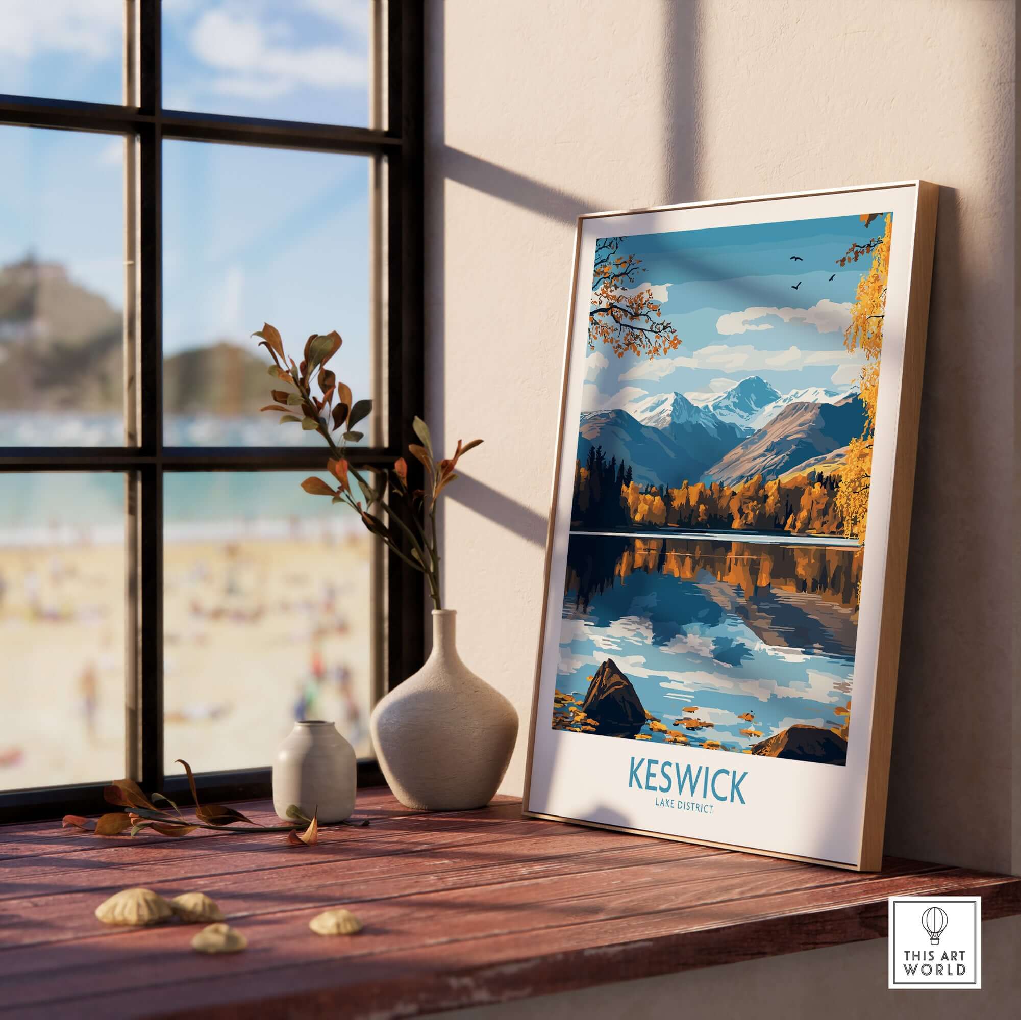 Keswick Wall Art Print showcasing the serene landscape of the Lake District framed by natural elements.