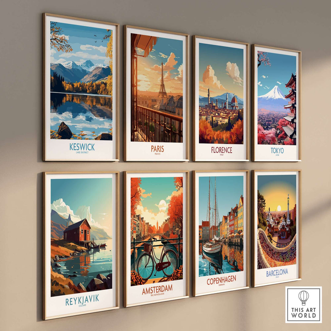 Collection of vibrant wall art prints featuring scenic cities including Keswick, Paris, Florence, and more.