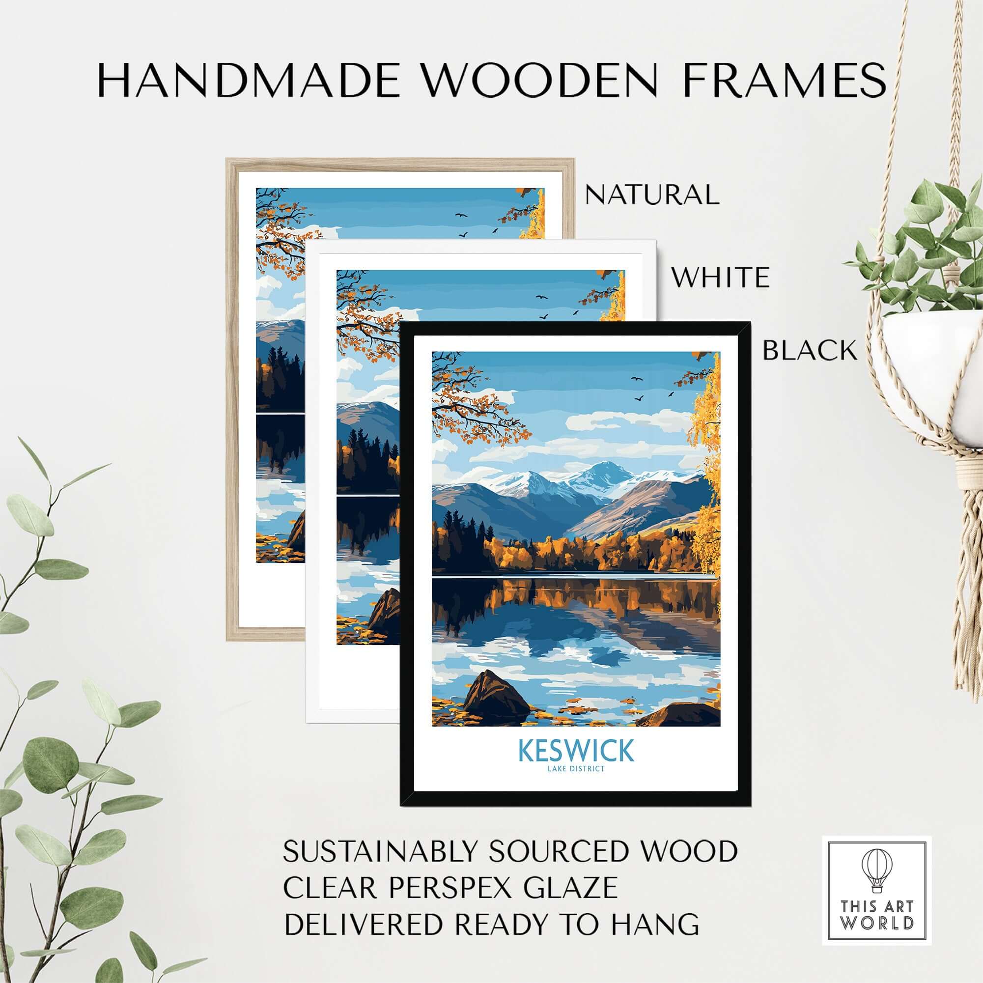 Keswick Wall Art Print displayed in handmade wooden frames: natural, white, and black options.