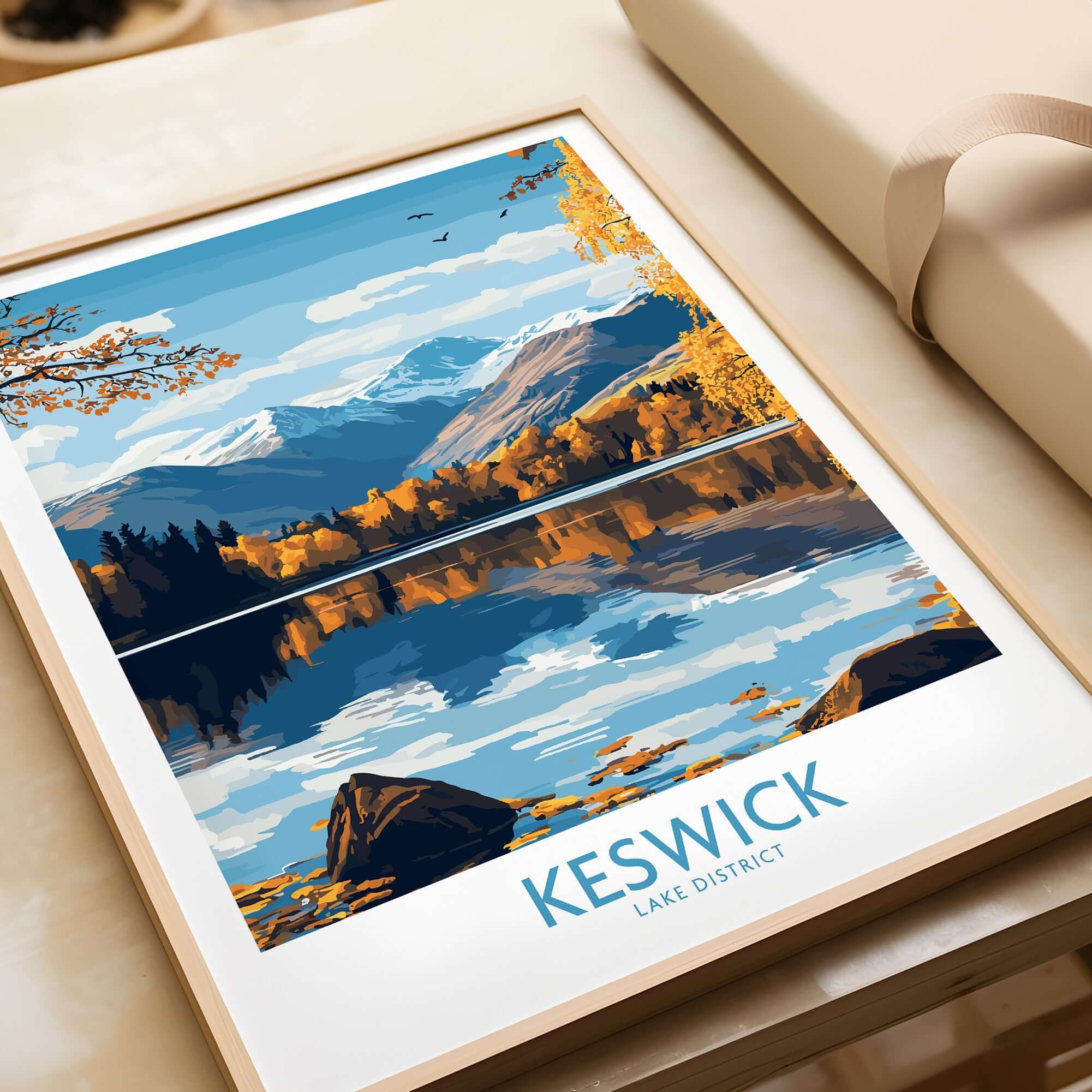 Keswick Wall Art Print featuring Lake District scenery with mountains and reflections in water.