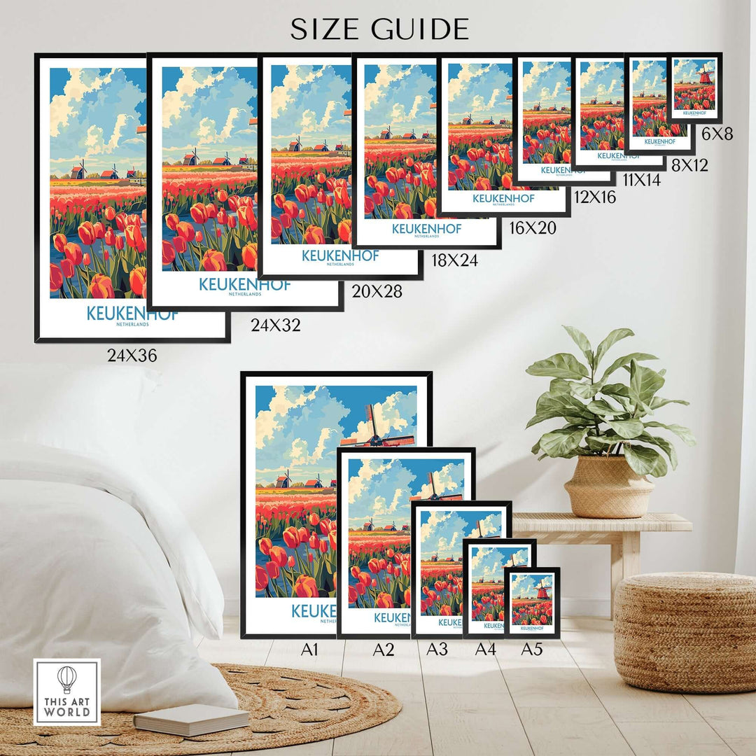 Keukenhof poster size guide showcasing vibrant tulip designs in various frame options for home decor.