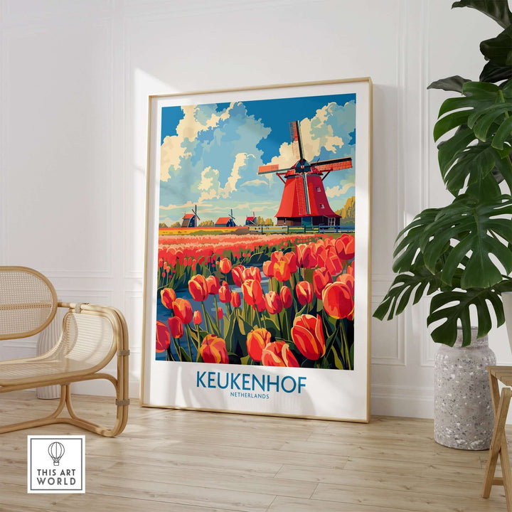 Keukenhof poster featuring vibrant tulips and windmills in a bright room setting, celebrating Dutch beauty.