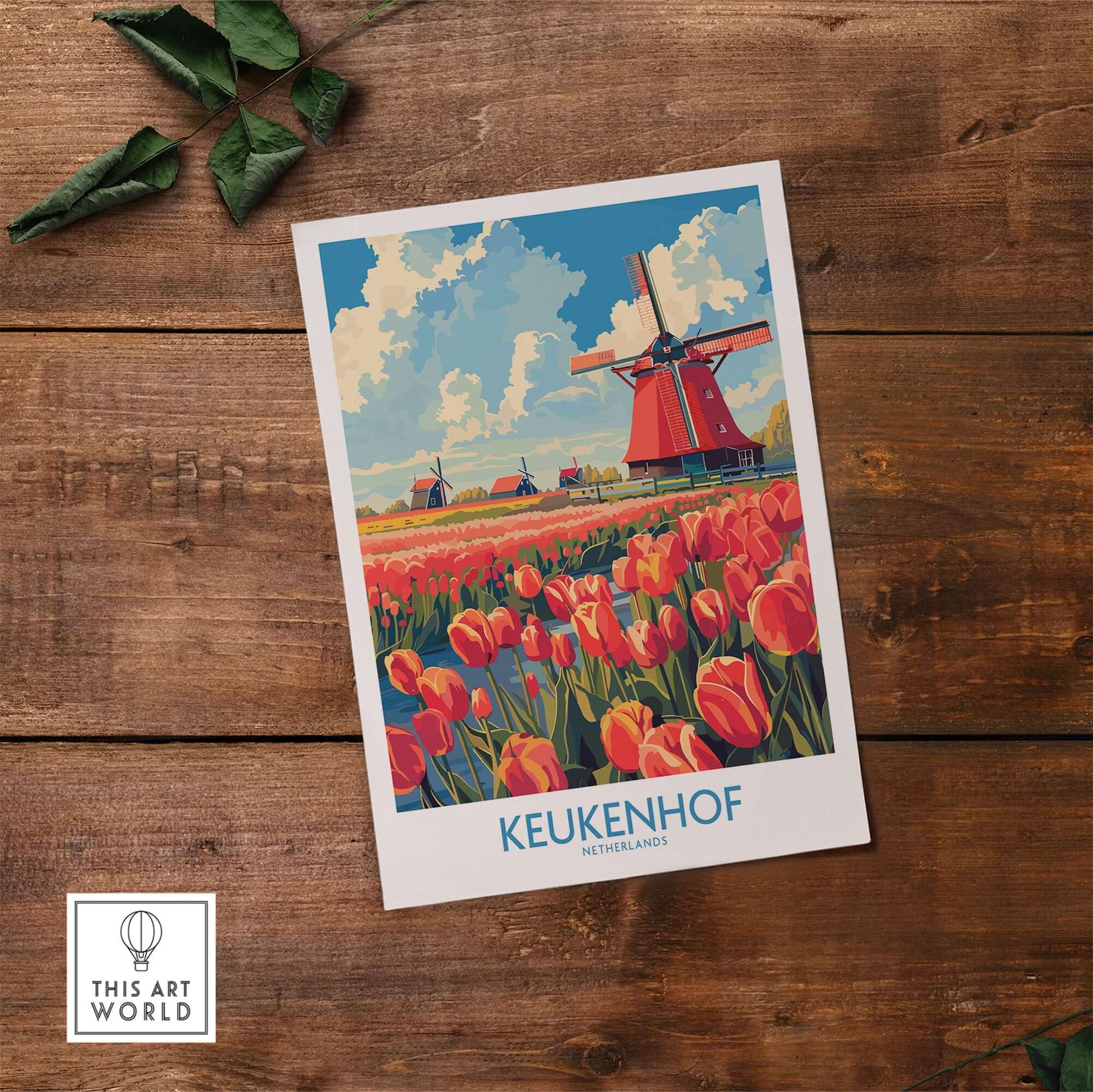 Keukenhof Poster Netherlands featuring vibrant tulips and a traditional windmill on a rustic wooden background.