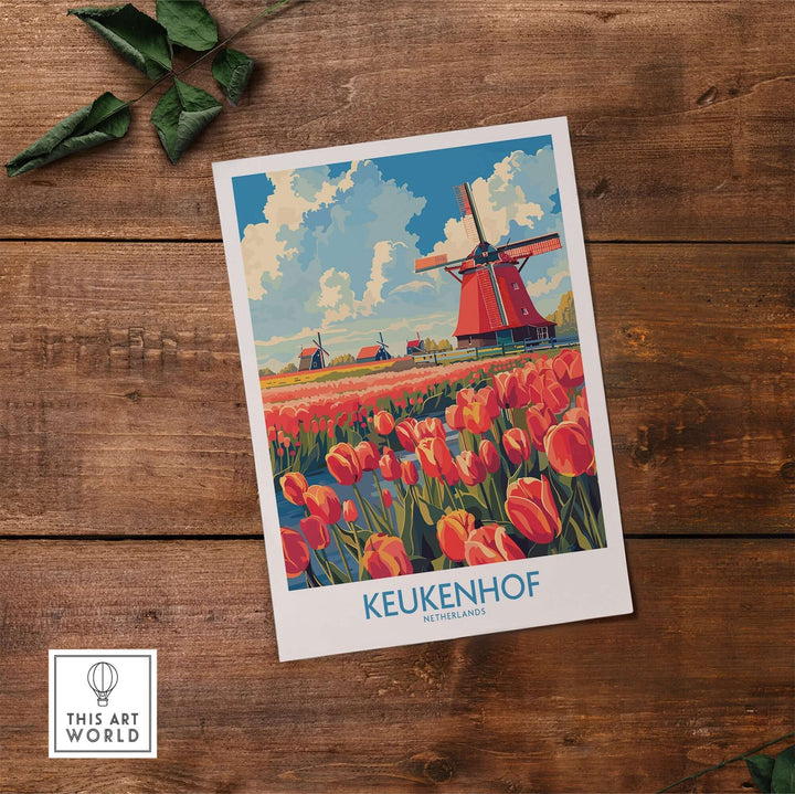 Vibrant Keukenhof poster featuring tulips and windmills, showcasing the beauty of the Netherlands. Perfect for decor.