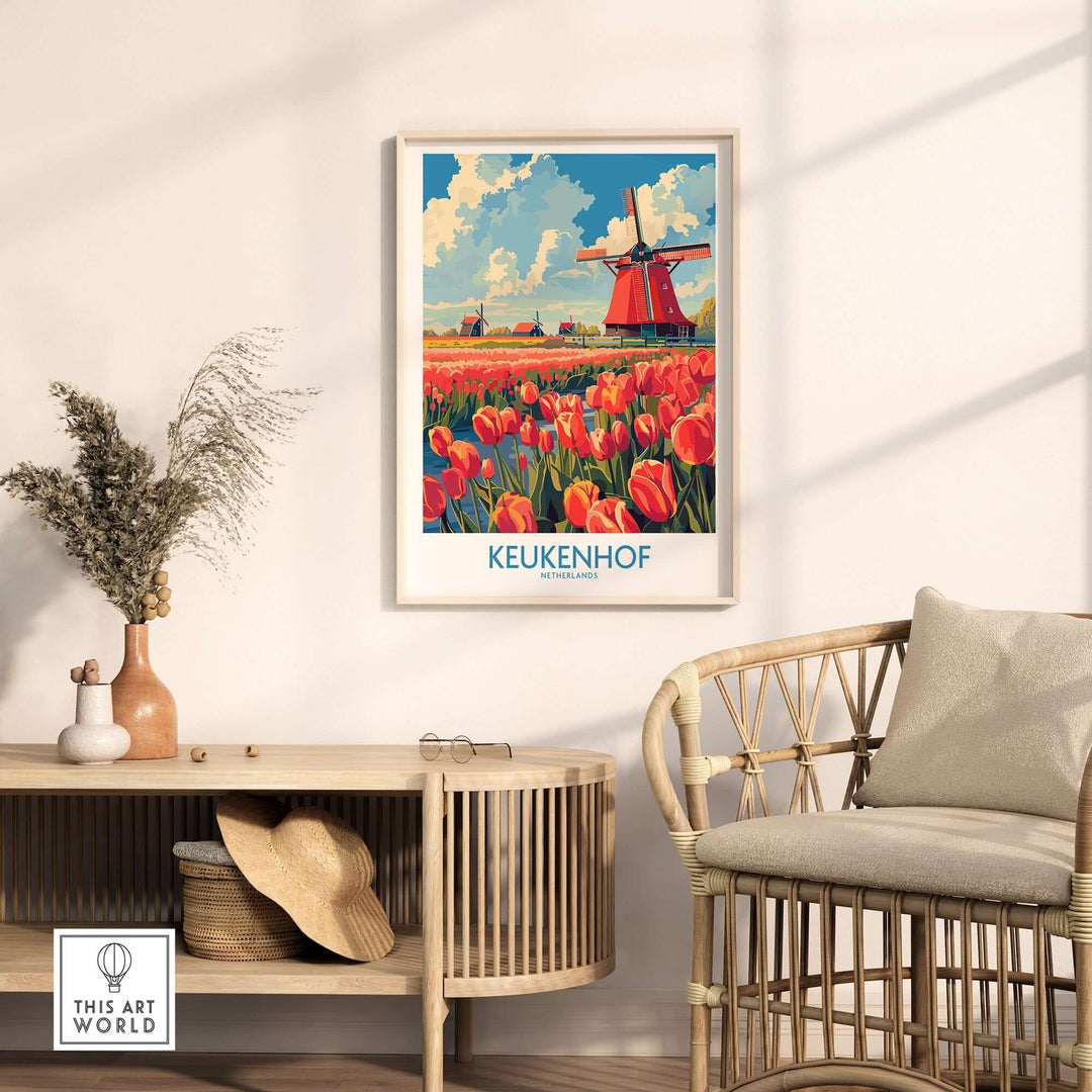 Vibrant Keukenhof poster featuring tulips and a windmill in a stylish room setting, perfect for home decor.