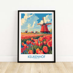 Keukenhof Poster Netherlands showcasing vibrant tulips and Dutch windmills in a colorful landscape.