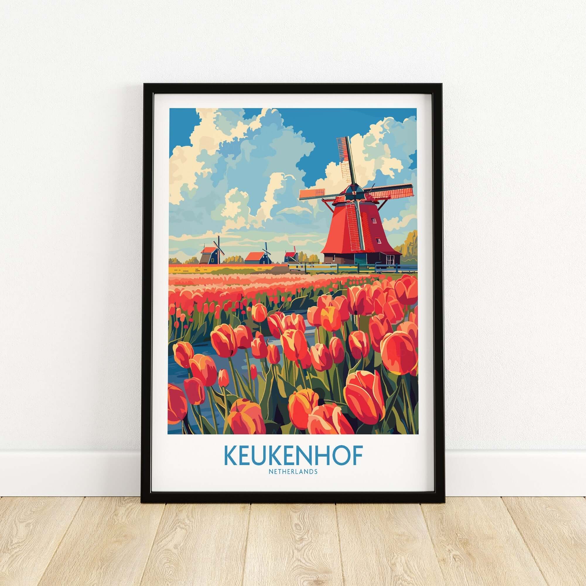 Keukenhof Poster Netherlands showcasing vibrant tulips and Dutch windmills in a colorful landscape.