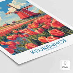 Keukenhof Poster Netherlands featuring a vibrant design of tulips and a traditional windmill.