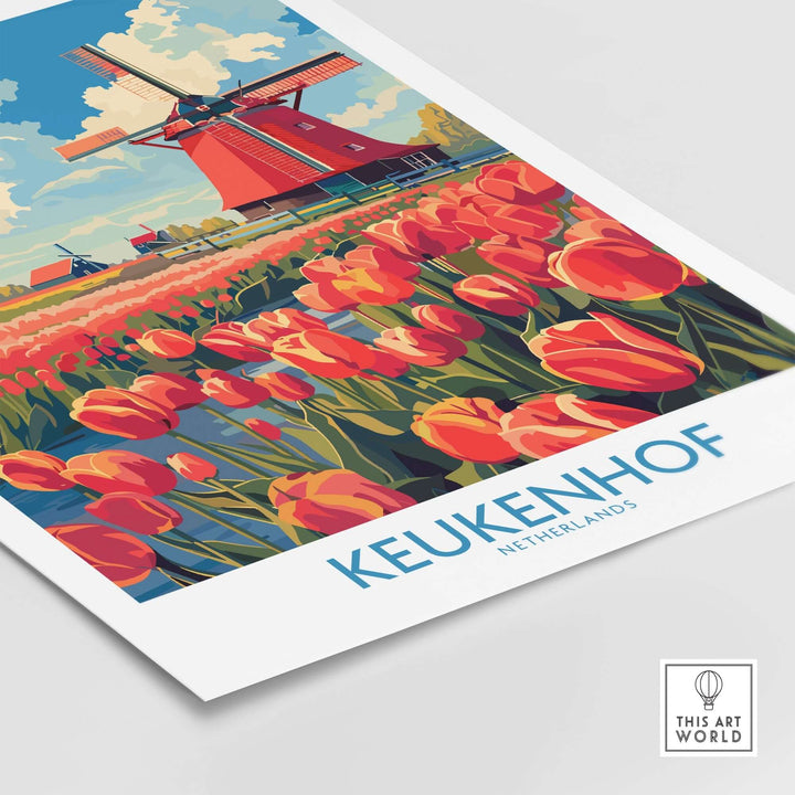 Colorful Keukenhof poster featuring tulips and a traditional Dutch windmill in the Netherlands.