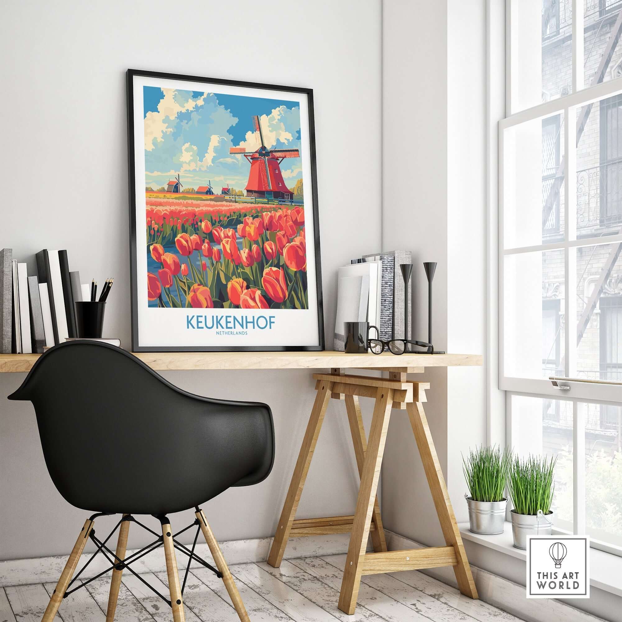 Keukenhof Poster Netherlands displayed in a stylish workspace, showcasing vibrant tulips and a traditional windmill.