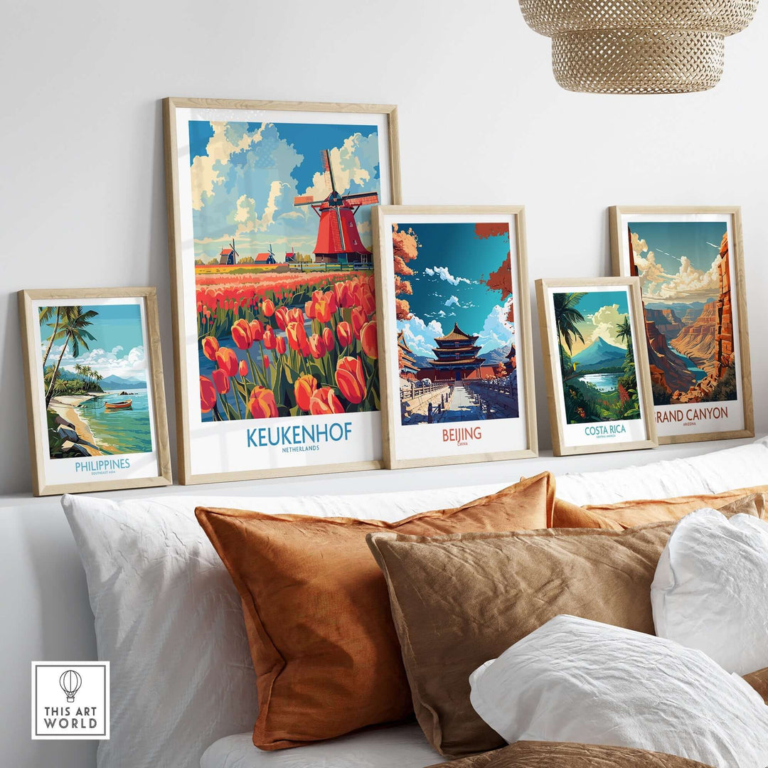 Framed travel posters featuring Keukenhof tulips, Beijing landmarks, and scenic views of the Philippines and Grand Canyon.