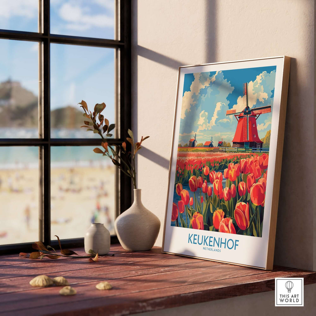 Keukenhof poster featuring vibrant tulips and a windmill, enhancing any room with Dutch culture and color.