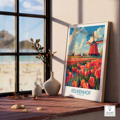 Keukenhof Poster Netherlands displayed on a table with tulips and a windmill, bringing Dutch beauty indoors.